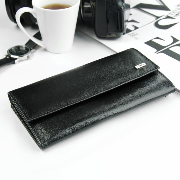 Кошелёк женский на клапане, 3 отдела, отдел для карт, отдел для монет, 1 наружный карман, чёрный глянцевый