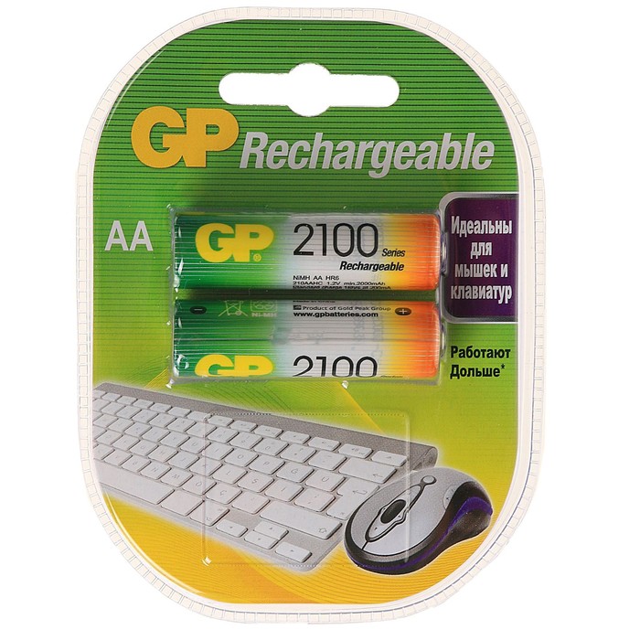 Аккумулятор GP, Ni-Mh, AA, HR6-2BL, 1.2В, 2100 мАч, блистер, 2 шт.