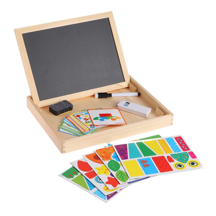 Конструктор магнитный &quot;Геометрия&quot; в дерев коробке + набор игровых карточ, мел, маркер, губка