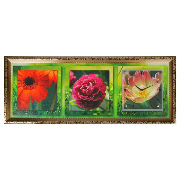 Часы-картина настенные "Яркие цветы", микс 35х100 см