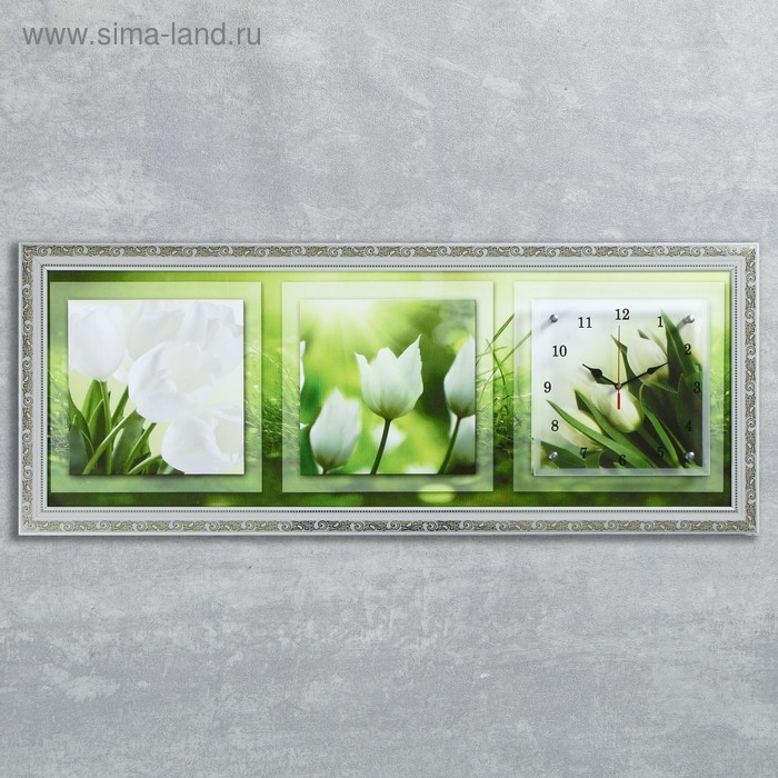 фото Часы-картина настенные, серия: цветы, "белые тюльпаны", 35х100 см, микс сюжет