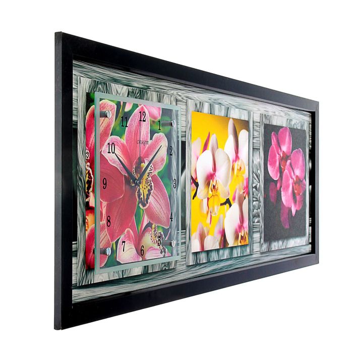 Часы-картина настенные "Орхидеи в серой рамке", 35х100 см микс