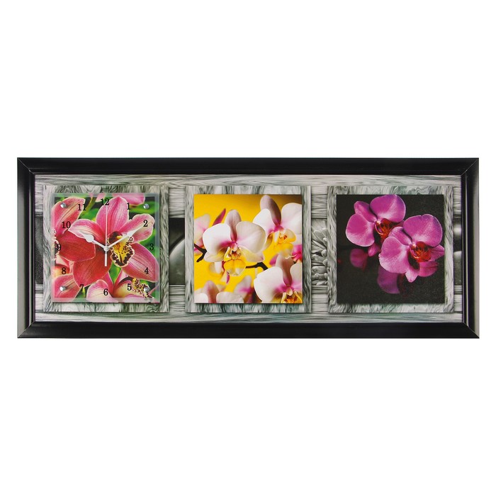 Часы-картина настенные "Орхидеи в серой рамке", 35х100 см микс