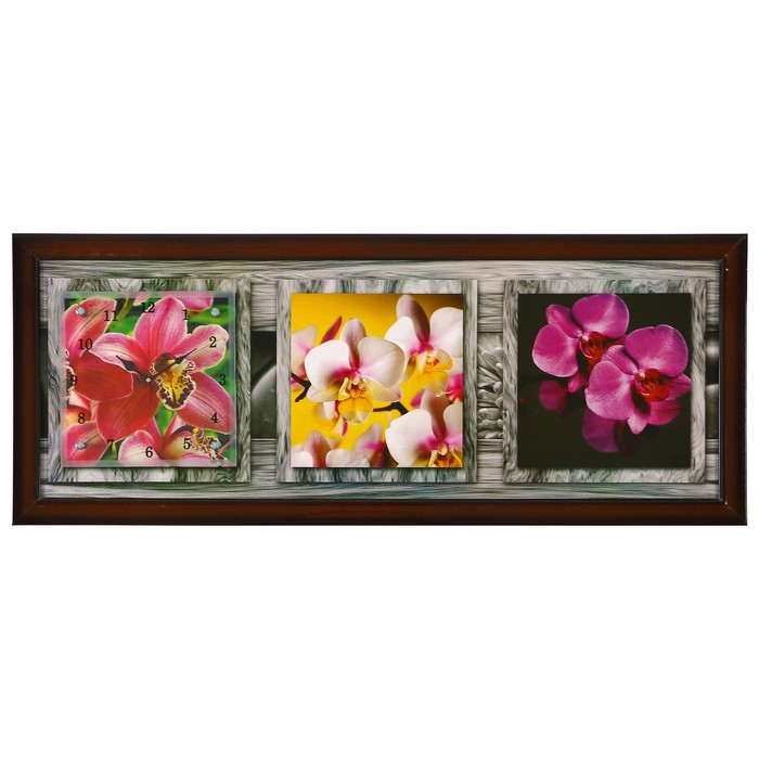 Часы-картина настенные "Орхидеи в серой рамке", 35х100 см микс