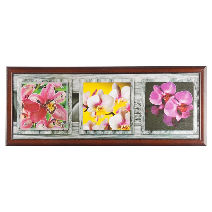 Часы-картина настенные "Орхидеи в серой рамке", 35х100 см микс