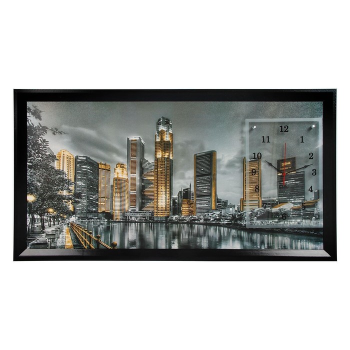 часы картина настенные серия город сумерки в нью йорке 50 х 100 см Часы-картина настенные, серия: Город, Ночной Сингапур, 50 х 100 см