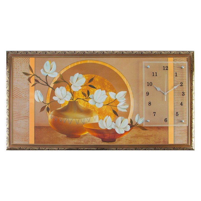Часы-картина настенные, серия: Цветы, Две вазы с цветами, 50 х 100 см