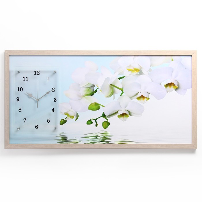 Часы-картина настенные, серия: Цветы, Водная гладь и белые орхидеи, 50 х 100 см