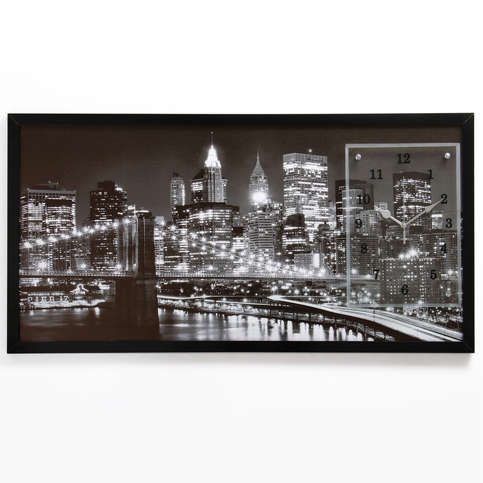 часы картина настенные серия город рассвет в нью йорке 50 х 100 см Часы-картина настенные, серия: Город, Ночной Нью-Йорк, 50 х 100 см