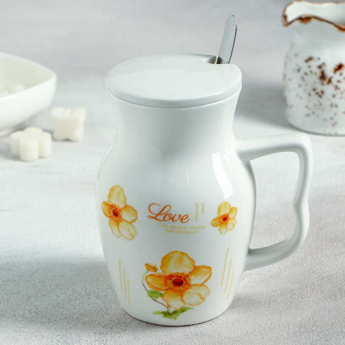 Кружка 300 мл "Цветочный рай", с керамической крышкой и ложкой, цвета МИКС