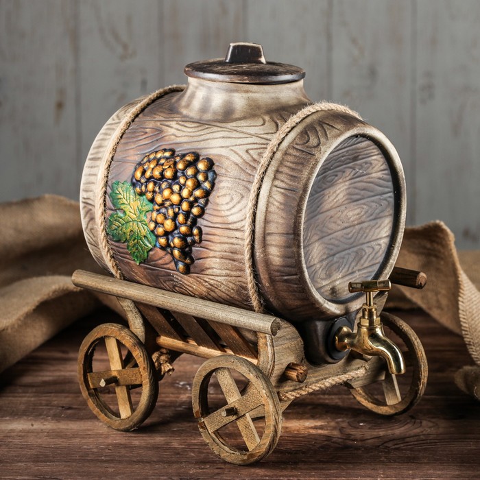Бочка для вина "Виноград" на телеге, с латунным краном, 6 л
