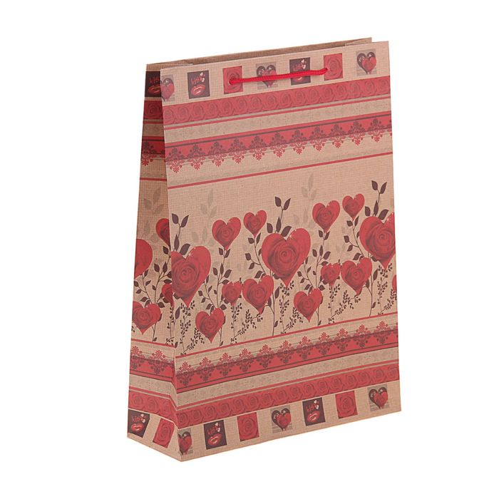 Пакет крафт "Сердца из роз", 23 х 8,5 х 32 см