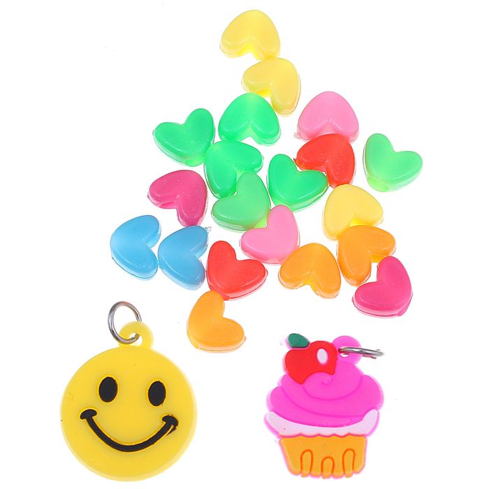 Подвески для плетения резиночками 20 шт пластиковых и 2 резиновых "Смайл, пироженка"