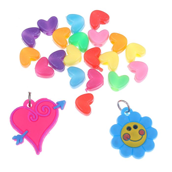 Подвески для плетения резиночками 20 шт пластиковых и 2 резиновых "Сердечко, цветочек"