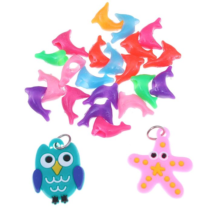Подвески для плетения резиночками 20 шт пластиковых и 2 резиновых "Звездочка, сова"