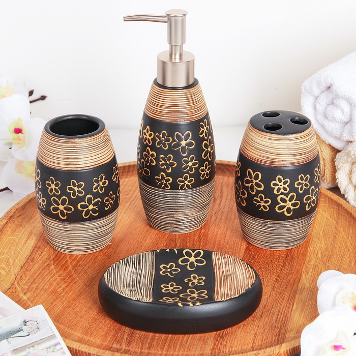 Набор аксессуаров для ванной комнаты, 4 предмета "Цветочный узор"