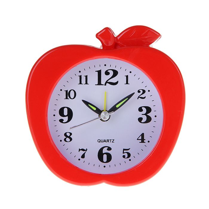 Будильник Яблоко, крупные цифры 3,6,9,12, бел циферблат, стрелки светятся микс 10*10,5см