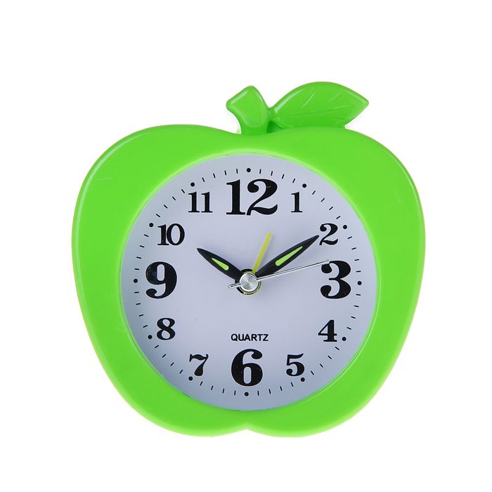 Будильник Яблоко, крупные цифры 3,6,9,12, бел циферблат, стрелки светятся микс 10*10,5см