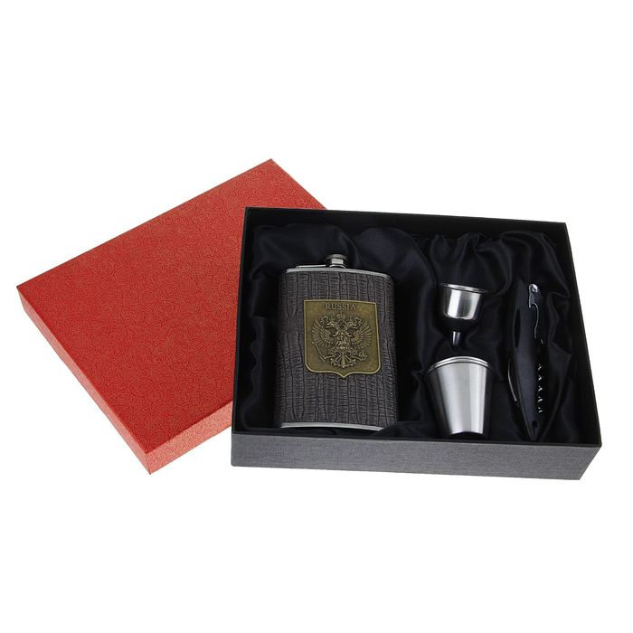 Подарочный набор 5 в 1 "Двуглавый орёл": фляжка 300 мл + 2 рюмки, воронка, нож с открывалкой