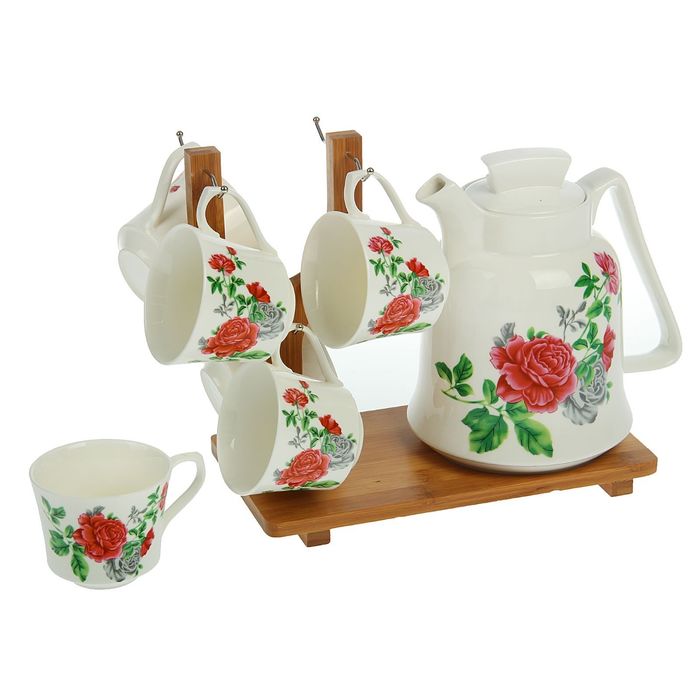 Набор чайный на дерев. подставке 7 пред. "Крупные розы" чайник 1,8 л, 6 кружек 200 мл