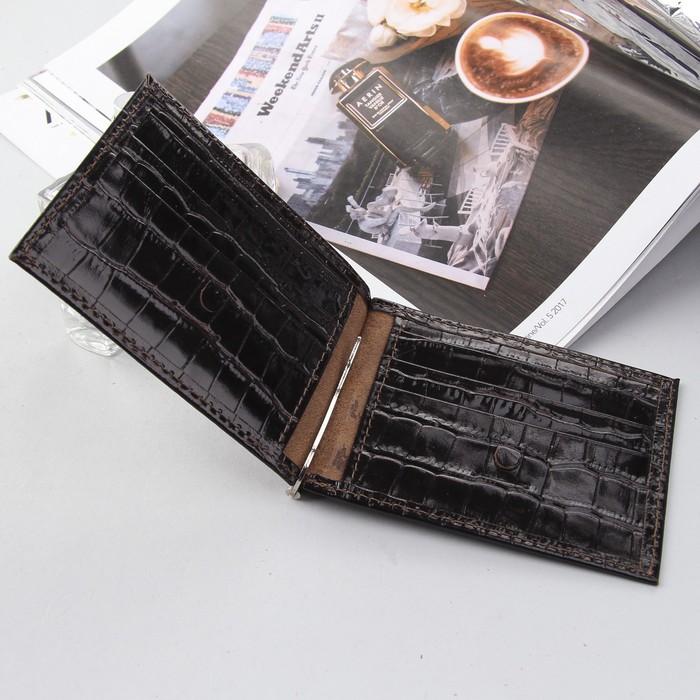 Зажим для купюр, отдел для карт, крокодил, цвет коричневый