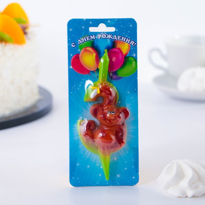 Свеча для торта цифра "Зверушки" "3" зелёная