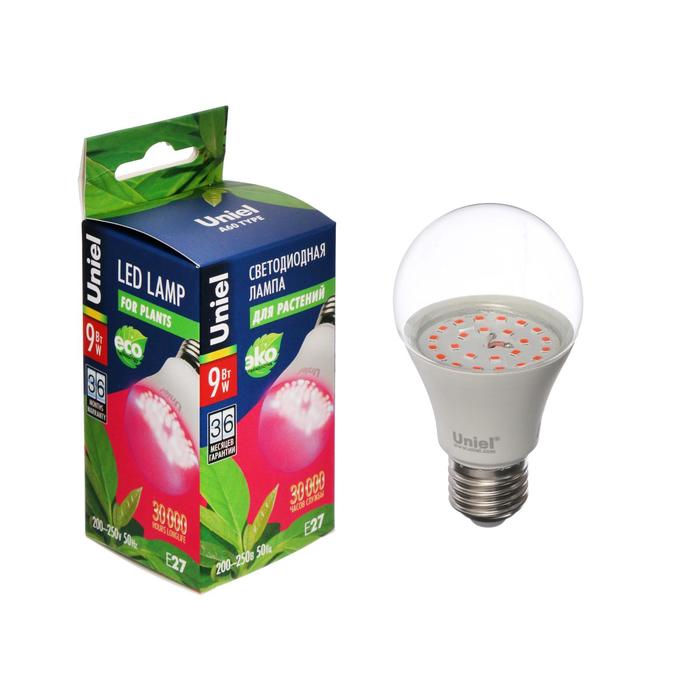 Лампа светодиодная для растений Uniel, Е27, А60, 9 Вт, 110 мм, прозрачная