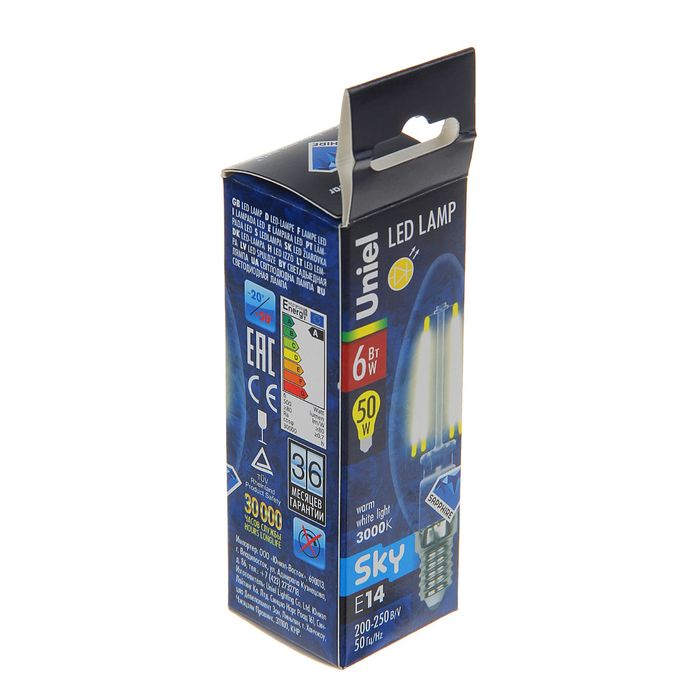 Лампа светодиодная Uniel, Е14, 6 Вт, свет тёплый белый