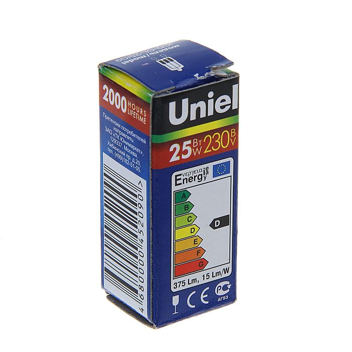 Лампа галогенная Uniel, G9, 25 Вт, 230 В, прозрачная