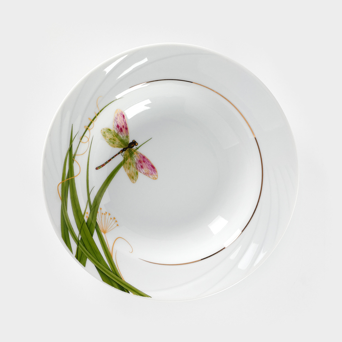 Тарелка фарфоровая глубокая «Стрекоза», 230 мл, d=20 см, белая тарелка фарфоровая глубокая natur sand 500 мл d 20 см цвет коричневый