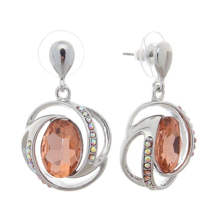 Серьги со стразами "Круг" орбита, цвет персиковый в серебре