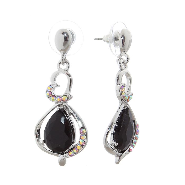 Серьги со стразами "Капля" двойная, цвет чёрный в серебре