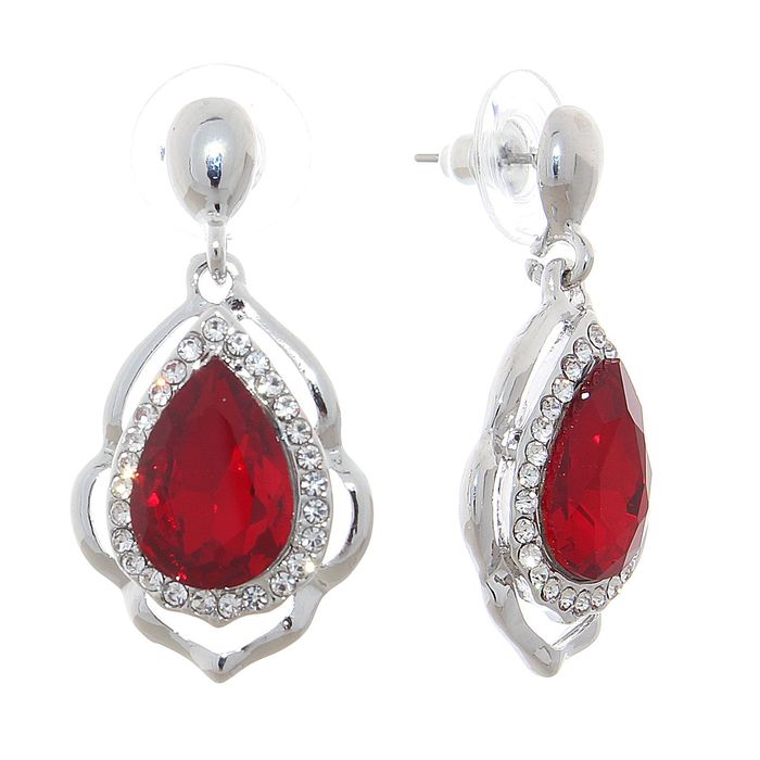 Серьги со стразами "Капля" в кайме, цвет рубиновый в серебре