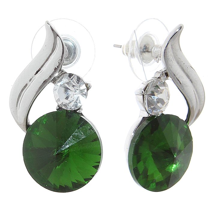 Серьги со стразами "Круг" с листочком, цвет зеленый в серебре