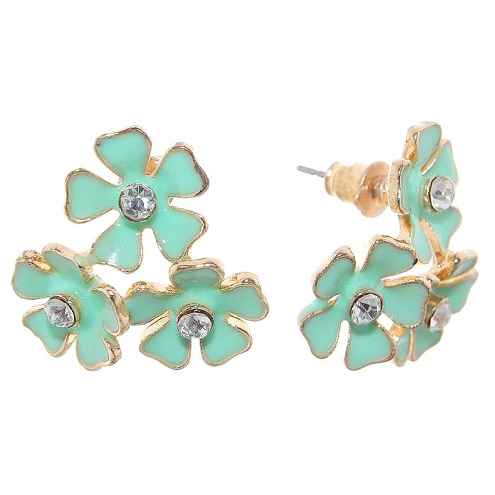 Серьги эмаль "Цветы" трио, цвет мятный в золоте