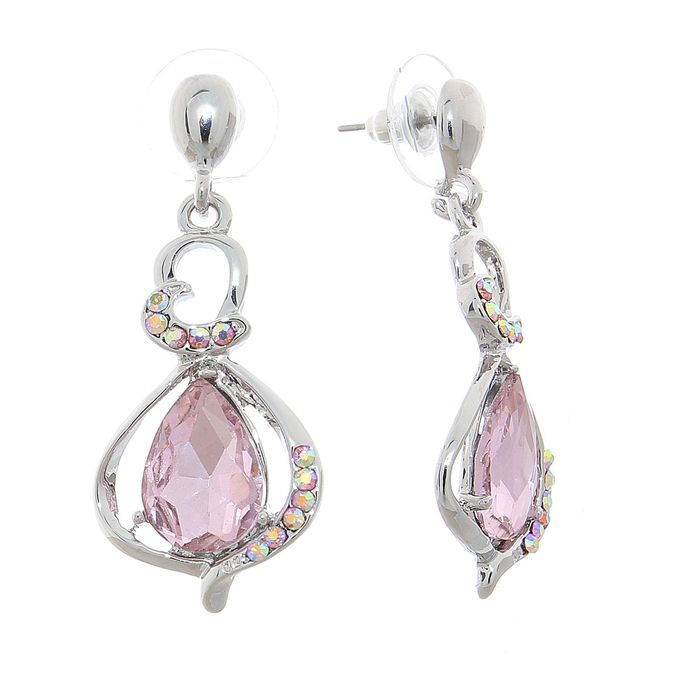 Серьги со стразами "Капля" двойная, цвет розовый в серебре