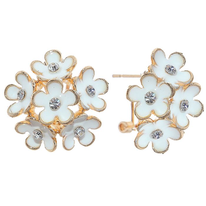 Серьги эмаль "Цветы" букетик, цвет белый в золоте