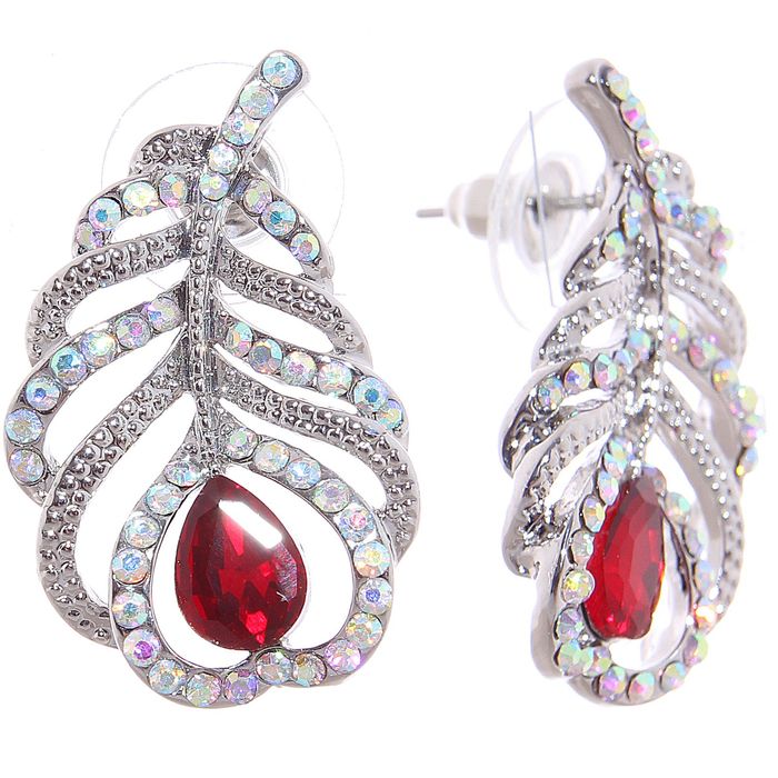 Серьги со стразами "Перо", цвет радужно-красный в серебре