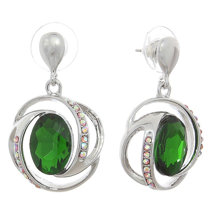 Серьги со стразами "Круг" орбита, цвет светло-зелёный в серебре