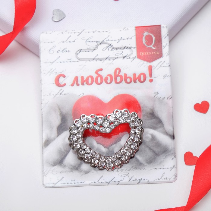 Брошь "Сердце", цвет белый в серебре