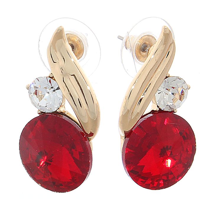 Серьги со стразами "Круг" с листочком, цвет красный в золоте