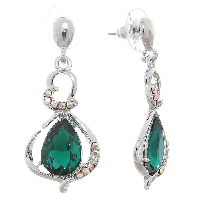 Серьги со стразами "Капля" двойная, цвет зелёный в серебре