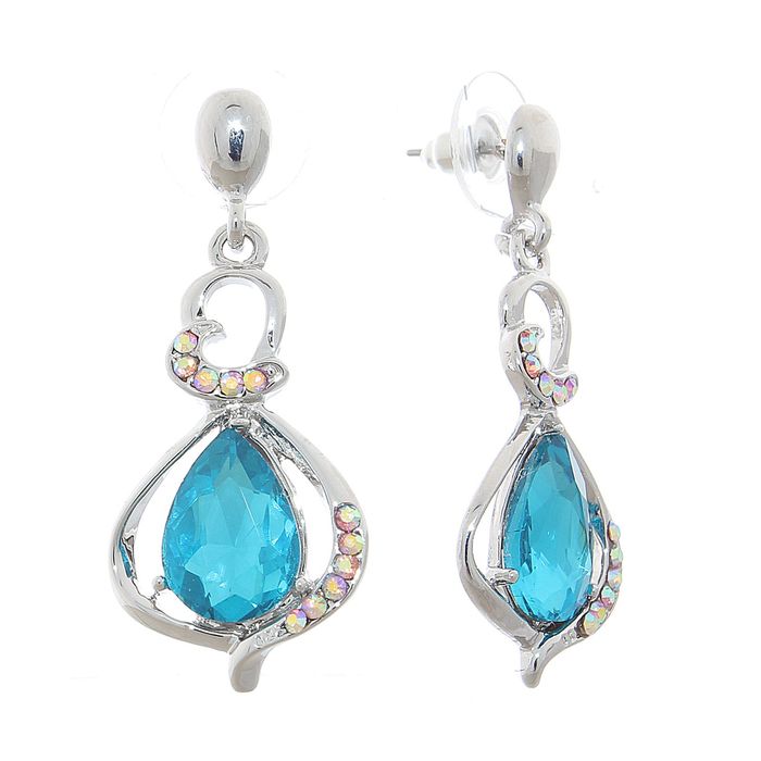 Серьги со стразами "Капля" двойная, цвет голубой в серебре