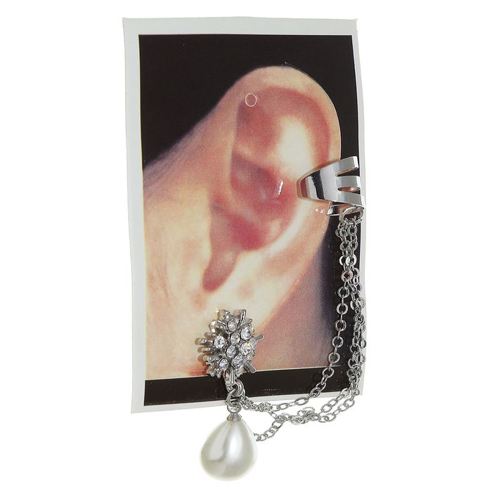 Серьга "Каффа" жемчужная капля, 3 цепочки, цвет белый в серебре