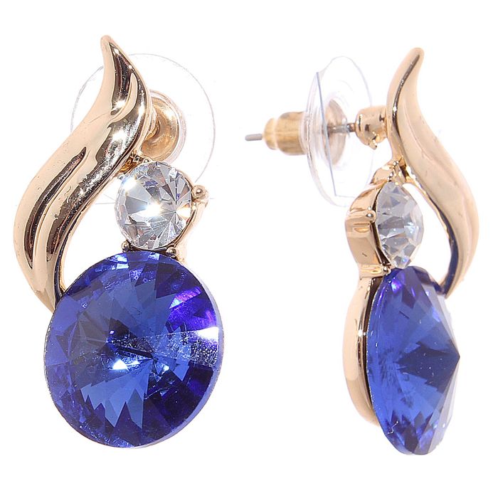Серьги со стразами "Круг" с листочком, цвет синий в золоте