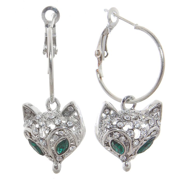 Серьги со стразами "Лисёнок", цвет зелёный в серебре