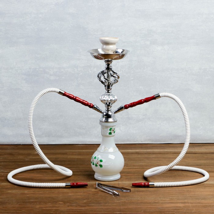 Кальян Paradise, 38 см, 2 трубки, белые, колба-ваза белая с зелёными цветами, шахта под серебро