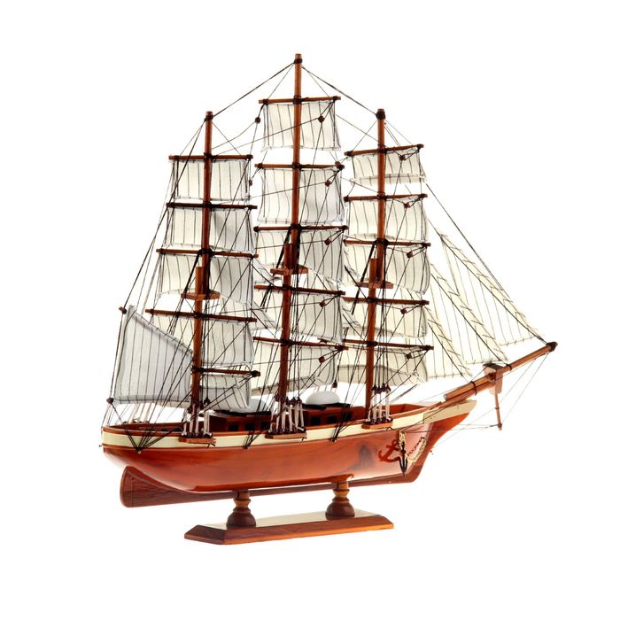 Корабль сувенирный большой «Трёхмачтовый», борта светлое дерево с полосой, паруса белые, 59 х 47 х 10 см