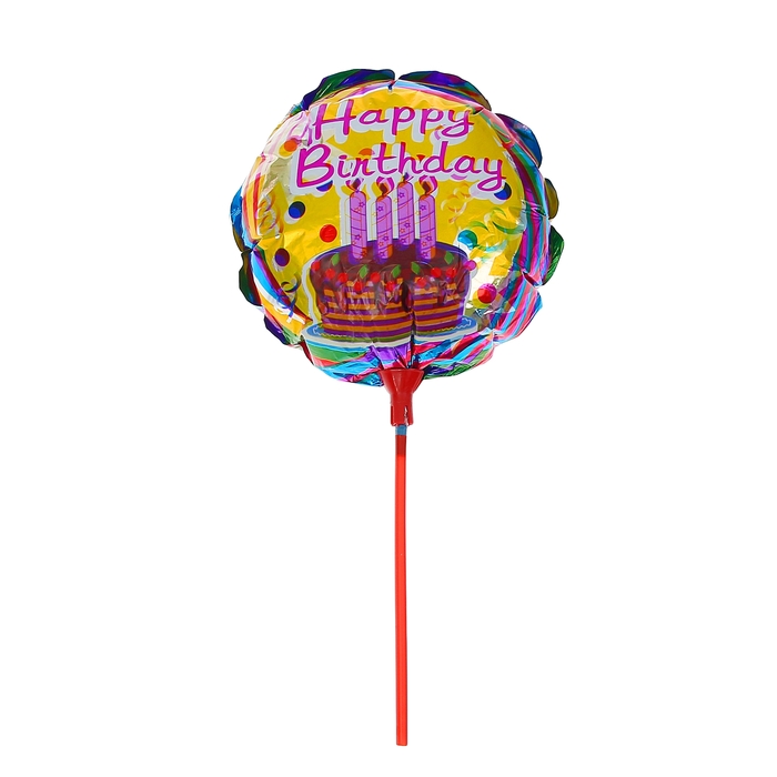 Шар фольгированный 10" "С днём рождения" с палочкой, торт со свечами, круг