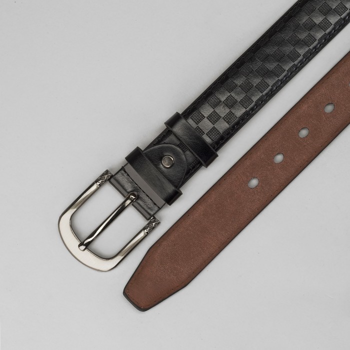 Ремень мужской, шашки, винт, пряжка тёмный металл, ширина 4см, цвет чёрный